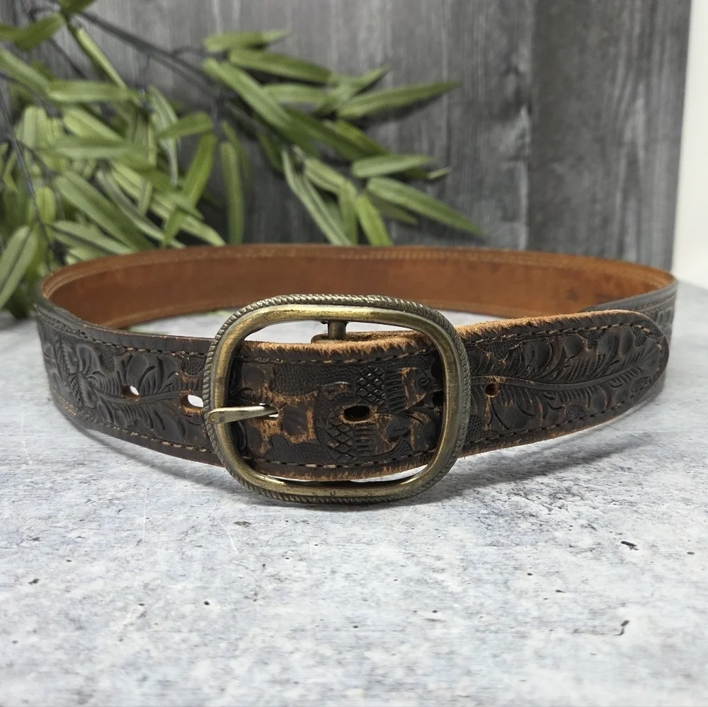 Vintage Textan Tooled Genuine Cowhide Leather Dark Brown Belt